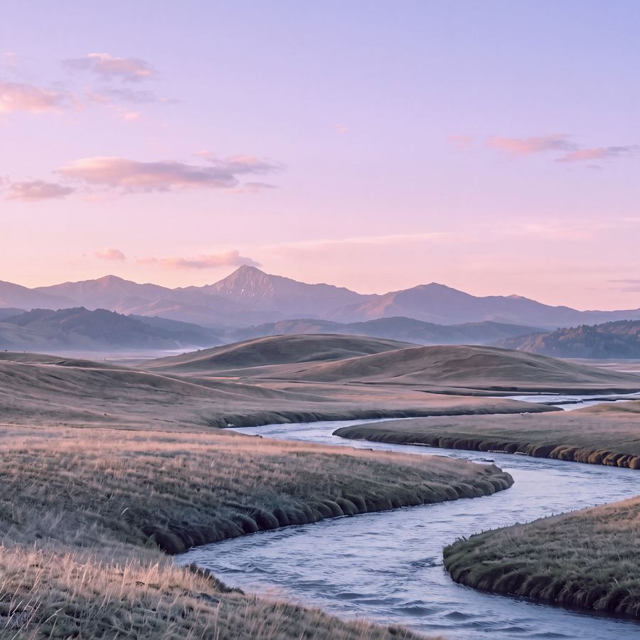 A river winding through a pastel valley at dusk