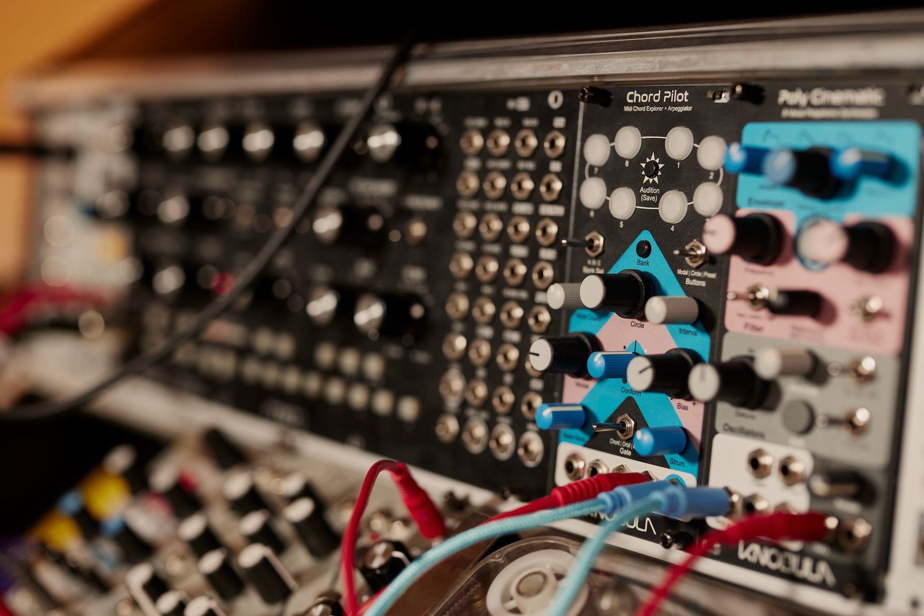 Close-up of modular synthesizer modules